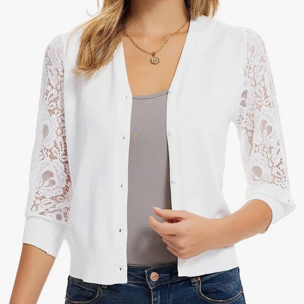 Grace Karin 3/4 Lantern Sleeve Bright White Lace Cardigan, size L, New With Tags